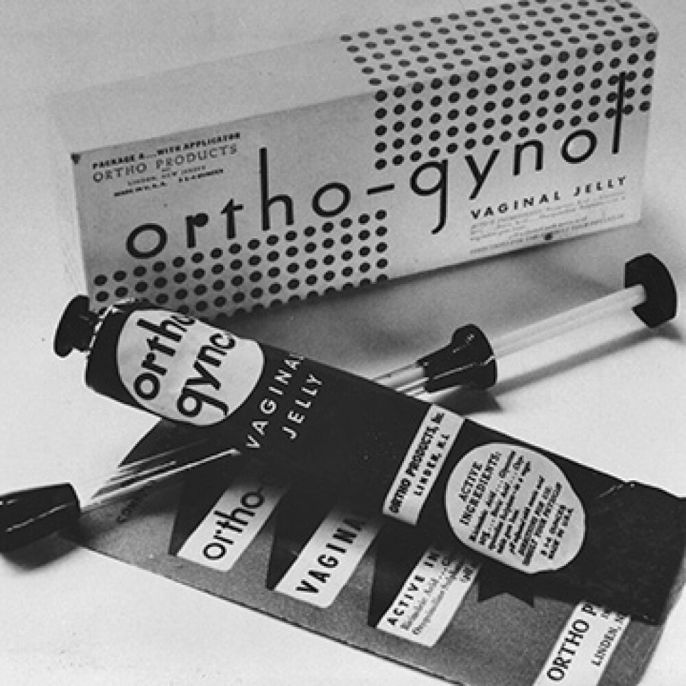 A black and white image of Orthe-Gynol birth control vaginal gel