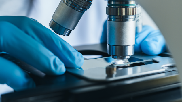 Gloved hands holding a sample under a microscope for a clinical trial in cancer therapy