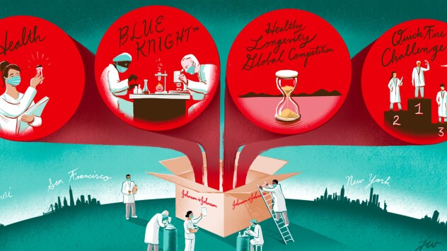 Illustration of four red bubbles representing innovation initiatives coming out of a Johnson & Johnson cardboard box on a teal background