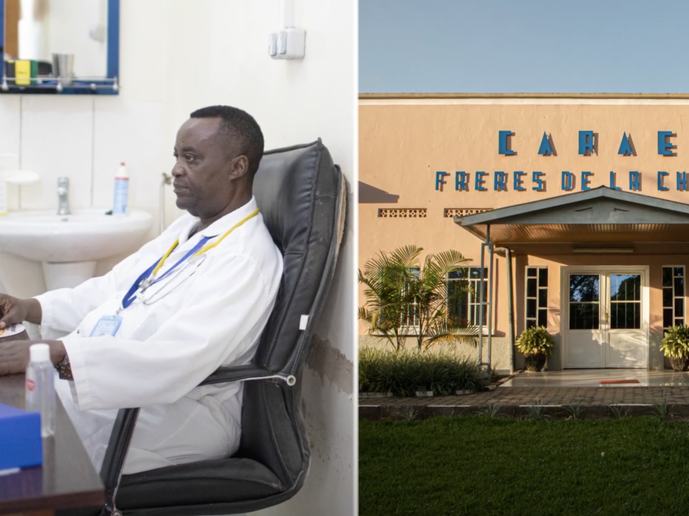 Split image of doctor on left side and mental health facility on the right