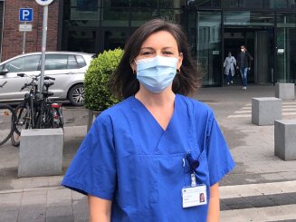 Laura Gador in PPE outside a hospital in Germany