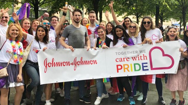 The Johnson & Johnson Open&Out team in Brussels, Belgium, celebrating Pride in May 2019