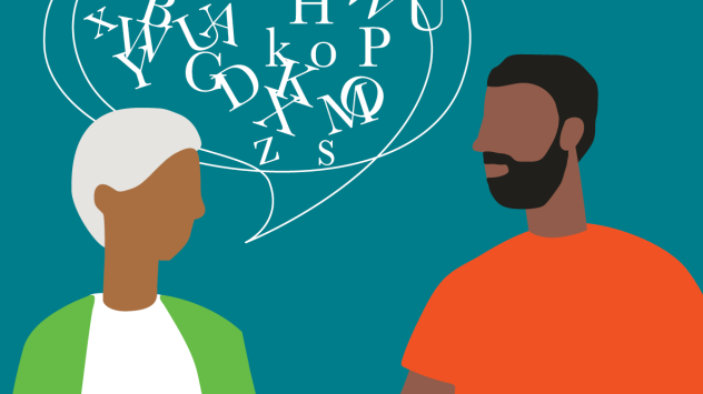 Illustration of one person speaking to another with a mix of letters in a speech bubble